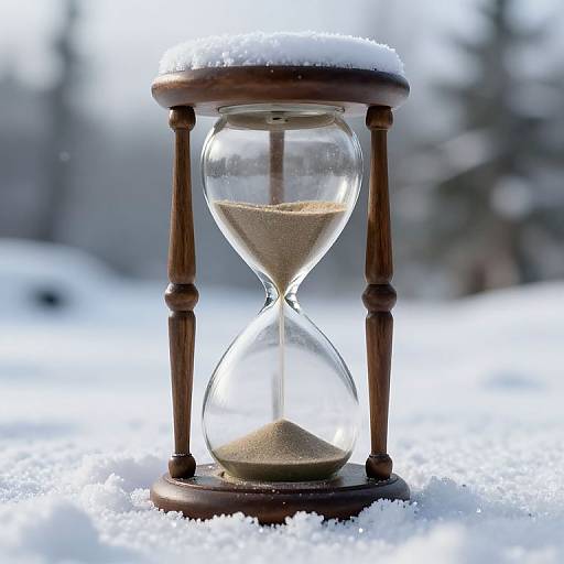 Photograph of a wooden hourglass with snow on top, standing in a snowy forest, with blurred trees in the background.