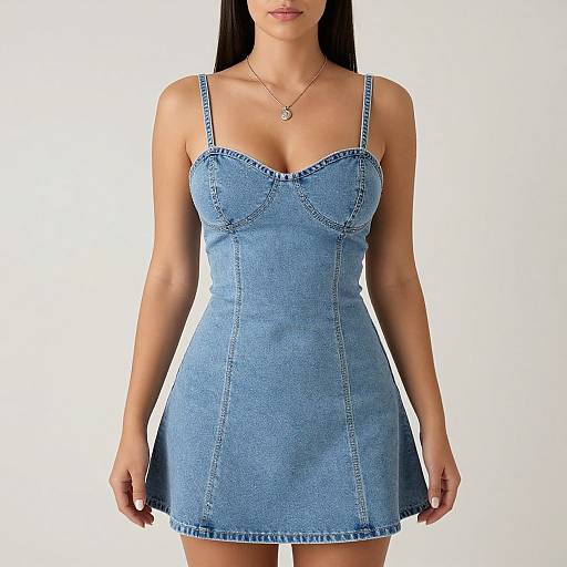 Photograph of a woman with long black hair, wearing a blue denim, strapless mini dress with a sweetheart neckline and small pendant necklace, standing against