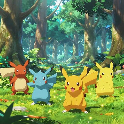 Digital anime-style forest scene with four Pokémon: Rattata, Raichu, Pikachu, and Pichu. Bright sunlight filters through tall trees