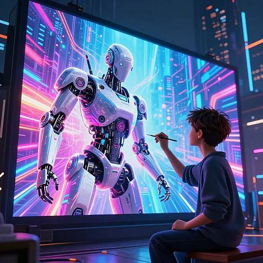 Futuristic Robot Artist in Cyberpunk City
