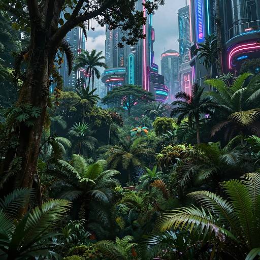 Neon-lit futuristic cityscape amidst lush, dense jungle with towering trees and vibrant neon lights, blending nature and technology in a cyberpunk style.