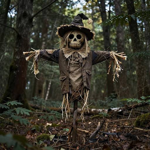 Creepy Twisted Scarecrow in Woods