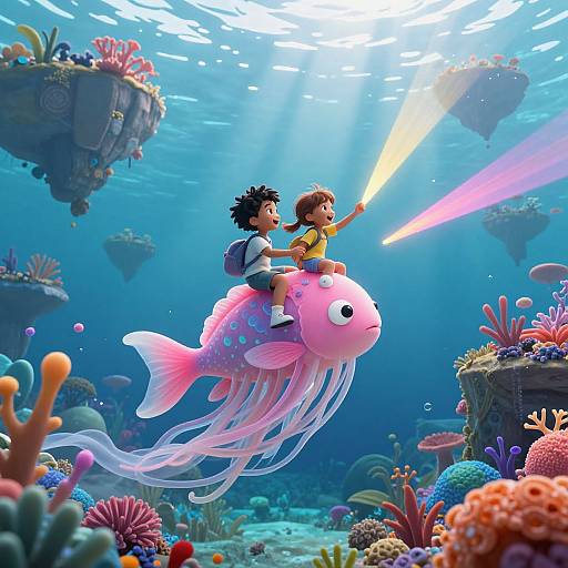 Digital illustration of a boy with dark hair riding a pink jellyfish-like fish, holding a glowing torch, in a vibrant underwater scene with floating islands and