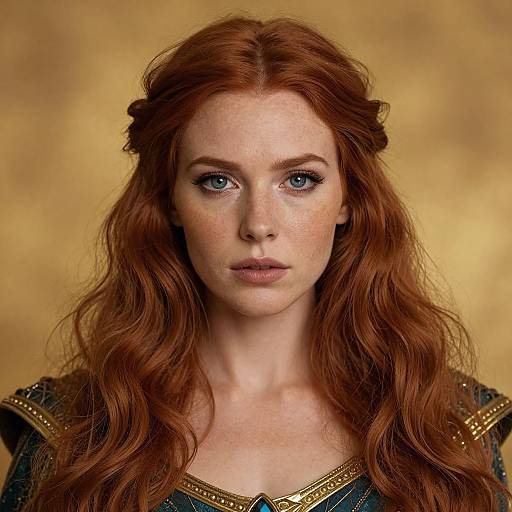 Photograph of a fair-skinned, red-haired woman with blue eyes, freckles, and wavy hair, wearing ornate medieval attire,