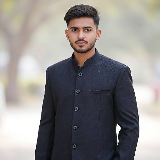 Photograph of a young South Asian man with dark hair and beard, wearing a black textured button-up kurta, standing against a blurred outdoor background.