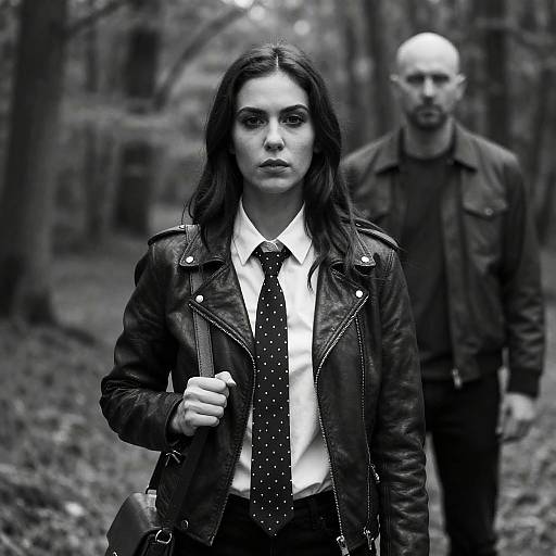 Intense Woman with Leather Jacket in Forest