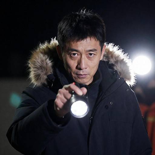 Mysterious Man with Flashlight in Darkness