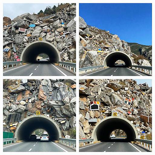 Photograph collage of a mountainous road tunnel, showing four different views of the same tunnel entrance, with a white car inside, surrounded by a debris