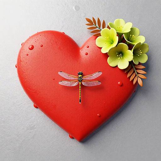 Minimalist Heart with Dragonfly and Flowers