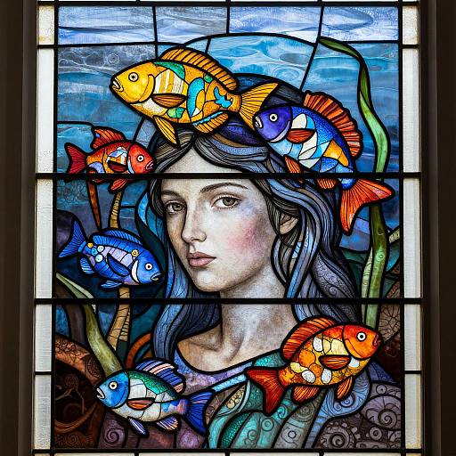 Stained glass artwork of a serene woman with blue hair surrounded by colorful, vibrant fish, set against a blue background.