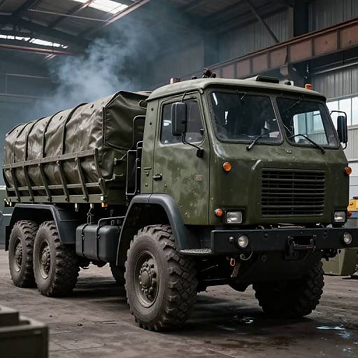 Photograph of a military green, six-wheel, rugged truck with a covered cargo bed, emitting smoke, in an industrial warehouse.