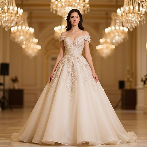 Photograph of a dark-haired woman in an off-shoulder, white, intricately embroidered ball gown, standing in a grand, chandelier-l
