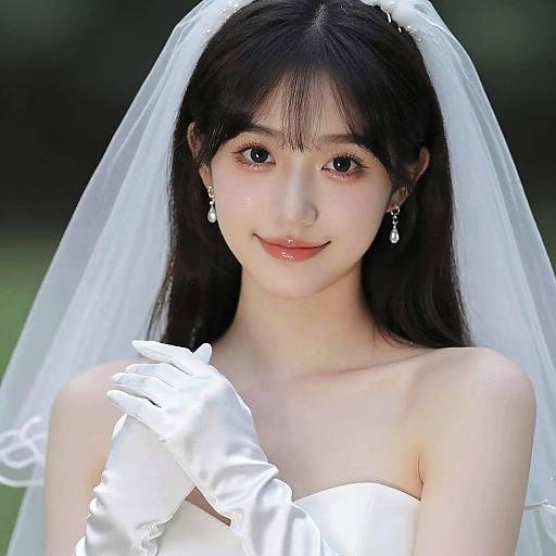 Photograph of an Asian bride with long black hair, wearing a white veil, strapless wedding dress, and pearl earrings, smiling softly.