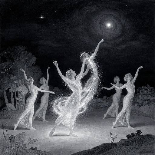 Monochromatic digital illustration of five glowing, ethereal, nude women dancing under a full moon in a dark, starry night forest.