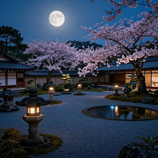 Photograph of a serene Japanese garden at night, illuminated by lanterns, with a full moon, cherry blossoms, and traditional stone lanterns.