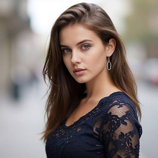 Photograph of a beautiful young woman with blue eyes, wearing a black lace top, silver hoop earrings, and long brown hair, standing in a blurred