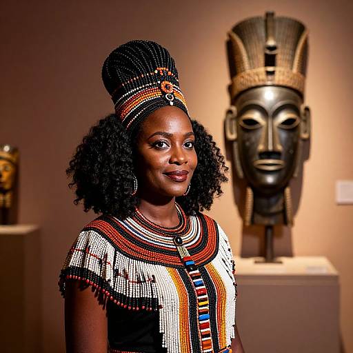 Photograph of an African woman with dark skin, wearing traditional beaded attire and headpiece, standing in front of an ancient mask. Museum setting with
