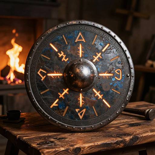 Photograph of a medieval-style, metallic shield with glowing, rune-like symbols, resting on a wooden table in front of a roaring fire.