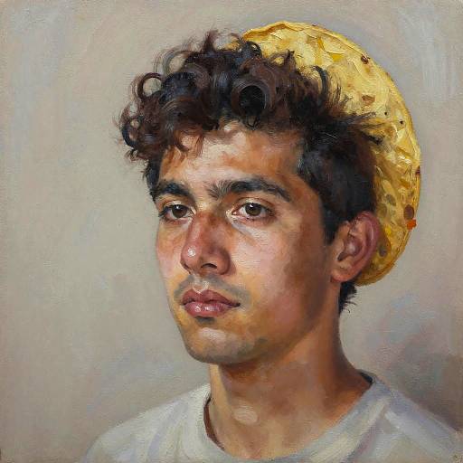 Digital painting of a young man with curly brown hair, dark eyes, and light olive skin, wearing a golden halo and white shirt.