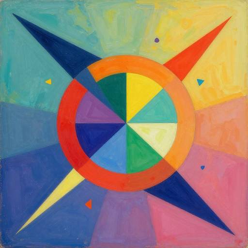 Abstract painting of a vibrant, multicolored compass with a red circle, blue and yellow triangles, and red and blue rays.