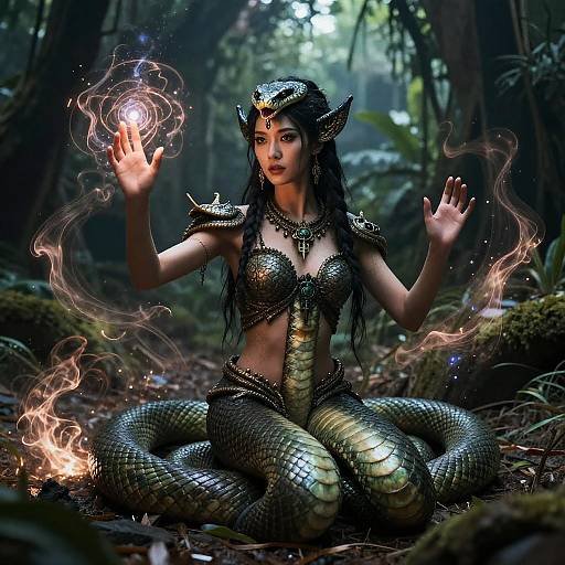 Digital fantasy artwork of a dark-haired, green-scaled mermaid-woman with horns, sitting in a forest, glowing orb in hand, surrounded by
