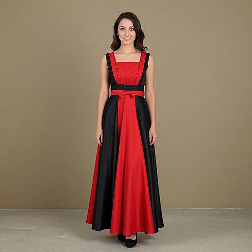 Photograph of a smiling woman with dark hair, wearing a sleeveless red and black dress with a red sash, standing against a plain beige background