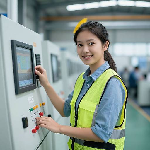 Photograph of an Asian woman with long black hair, wearing a yellow safety vest and blue shirt, smiling while operating industrial control panels in a brightly lit