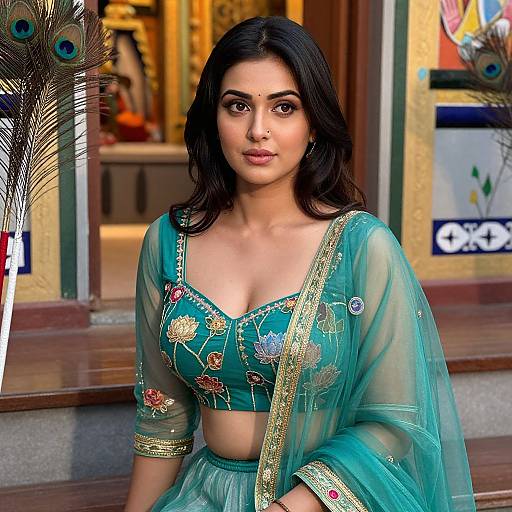 Photograph of a beautiful Indian woman with dark hair, wearing a turquoise green traditional lehenga with gold embroidery, and a matching crop top, standing in
