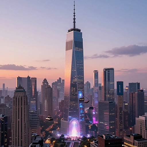 Photograph of New York City skyline at sunset, featuring One World Trade Center illuminated with blue and white lights, surrounded by skyscrapers, with a
