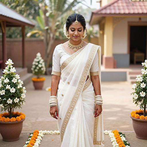 Photograph of a beautiful Indian woman in a white and gold saree, adorned with jewelry, standing outdoors among potted flowers and a yellow house.
