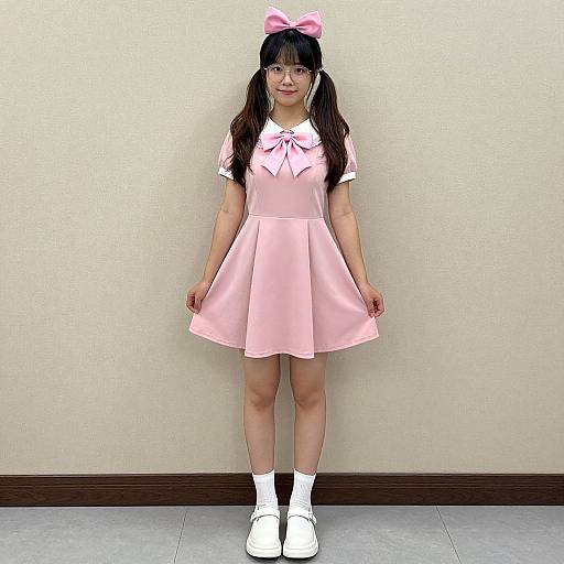 Photograph of an Asian woman with long black hair in pigtails, wearing a pink bow, pink short-sleeve dress, white socks,