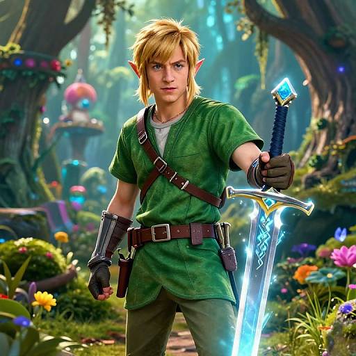 Digital art of Link from The Legend of Zelda, standing in a vibrant forest, holding a glowing sword, wearing green tunic and brown belt.