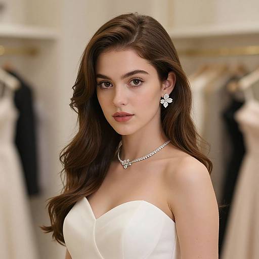 Photograph of a young woman with long, wavy brown hair, wearing a strapless white dress, diamond necklace, and star-shaped earrings, standing