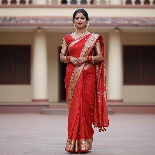 Photograph of a confident Indian woman in a vibrant red saree with gold trim, standing in a traditional building courtyard.
