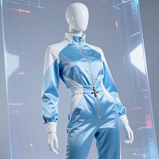 Photograph of a faceless, white mannequin wearing a shiny, blue and white zip-up jumpsuit with futuristic, neon-lit background.