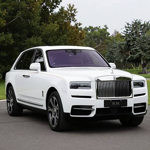 Photograph of a sleek white Rolls-Royce Wraith parked on a suburban street, with lush green trees in the background.