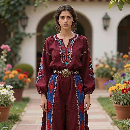 Bohemian Woman in Maroon Embroidered Outfit