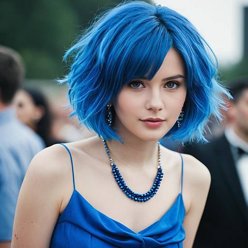 Woman with Vibrant Blue Hair and Dress