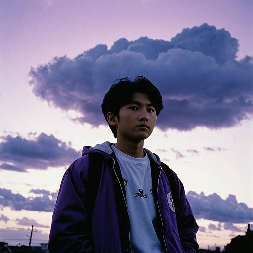 Photograph of an Asian man with short black hair, wearing a purple jacket and white t-shirt, standing against a dramatic sunset sky with large, dark