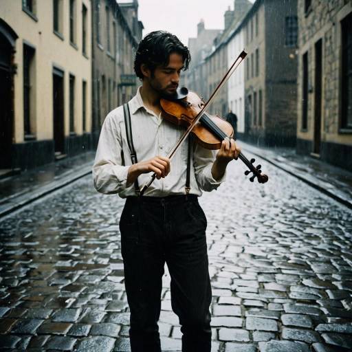 Melancholic Violinist on Rainy Street