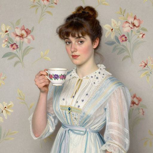 Victorian-style photograph of a fair-skinned woman with brown hair in an updo, wearing a lace-trimmed, light blue dress, holding