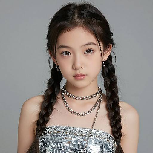 Photograph of an Asian teenage girl with long black braids, wearing a silver sequined strapless top, silver chain necklaces, and simple earrings