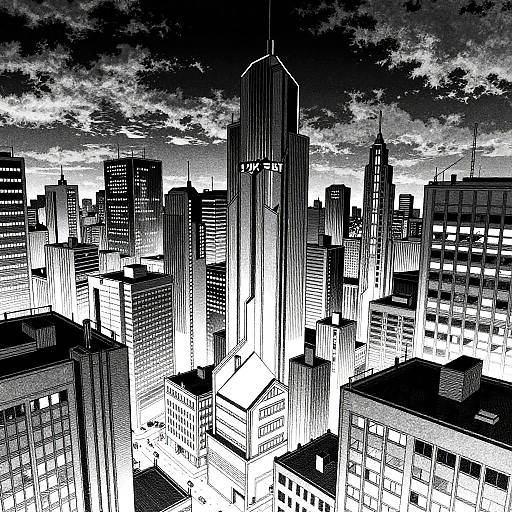 Black-and-white manga-style illustration of a city skyline at dusk, featuring tall skyscrapers with illuminated windows, and a dramatic cloud-filled sky in the