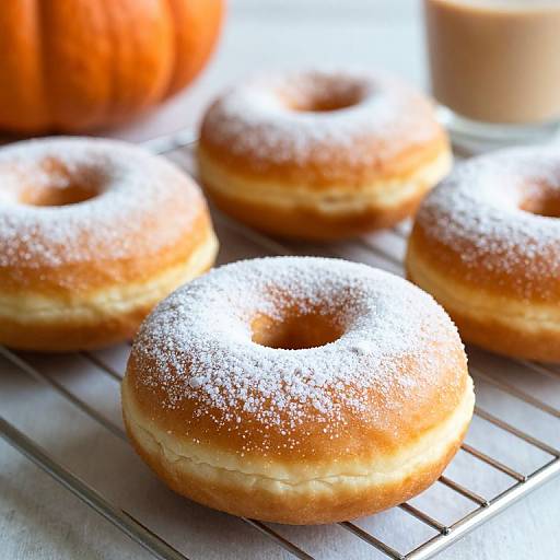 Photograph of five sugar-dusted donuts on a metal cooling rack, with a blurred orange pumpkin and glass of milk in the background.