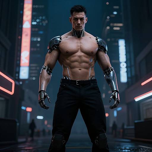 Cybernetic Bodybuilder in Futuristic City