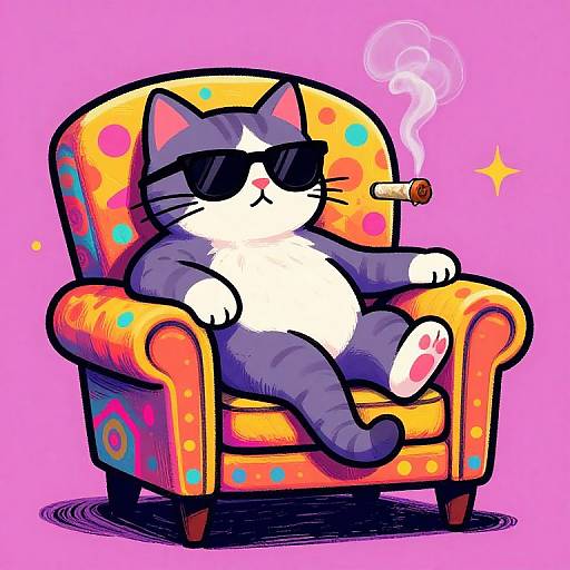 Cartoon-style gray cat with white chest and paws, wearing black sunglasses, lounging in colorful polka-dotted armchair, smoking cigar,
