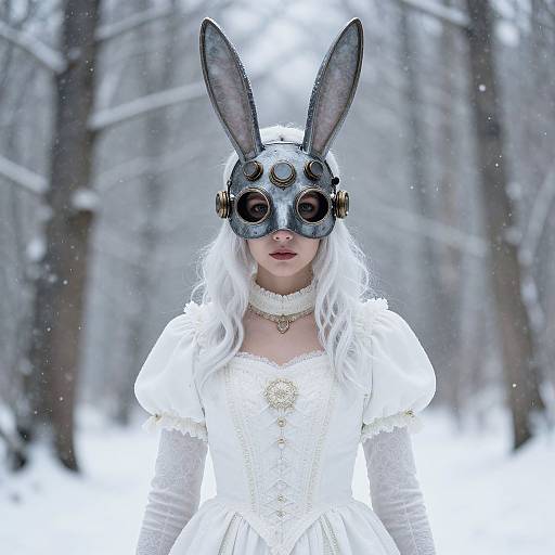 Photograph of a pale-skinned woman with long white hair, wearing a steampunk bunny mask, white lace dress, and choker, standing