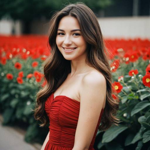 Young Woman in Red Strapless Dress by Flowers