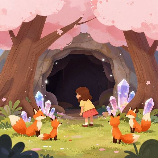 Digital illustration of a young girl with brown hair, wearing a yellow shirt and red skirt, standing in a forest clearing with glowing crystals, foxes,