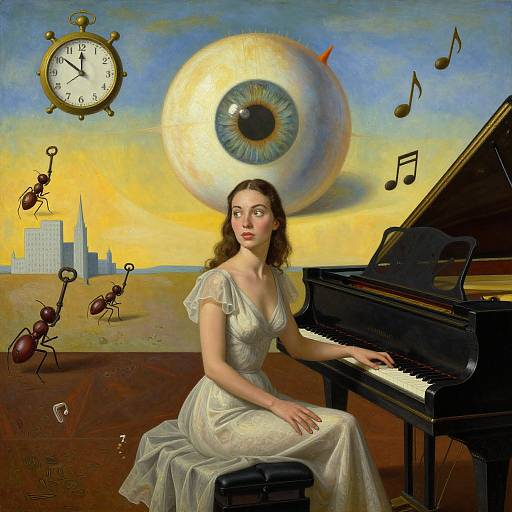 Surreal painting of a woman in a white dress playing piano, with giant eye, clock, ants, and musical notes in a desert-like background